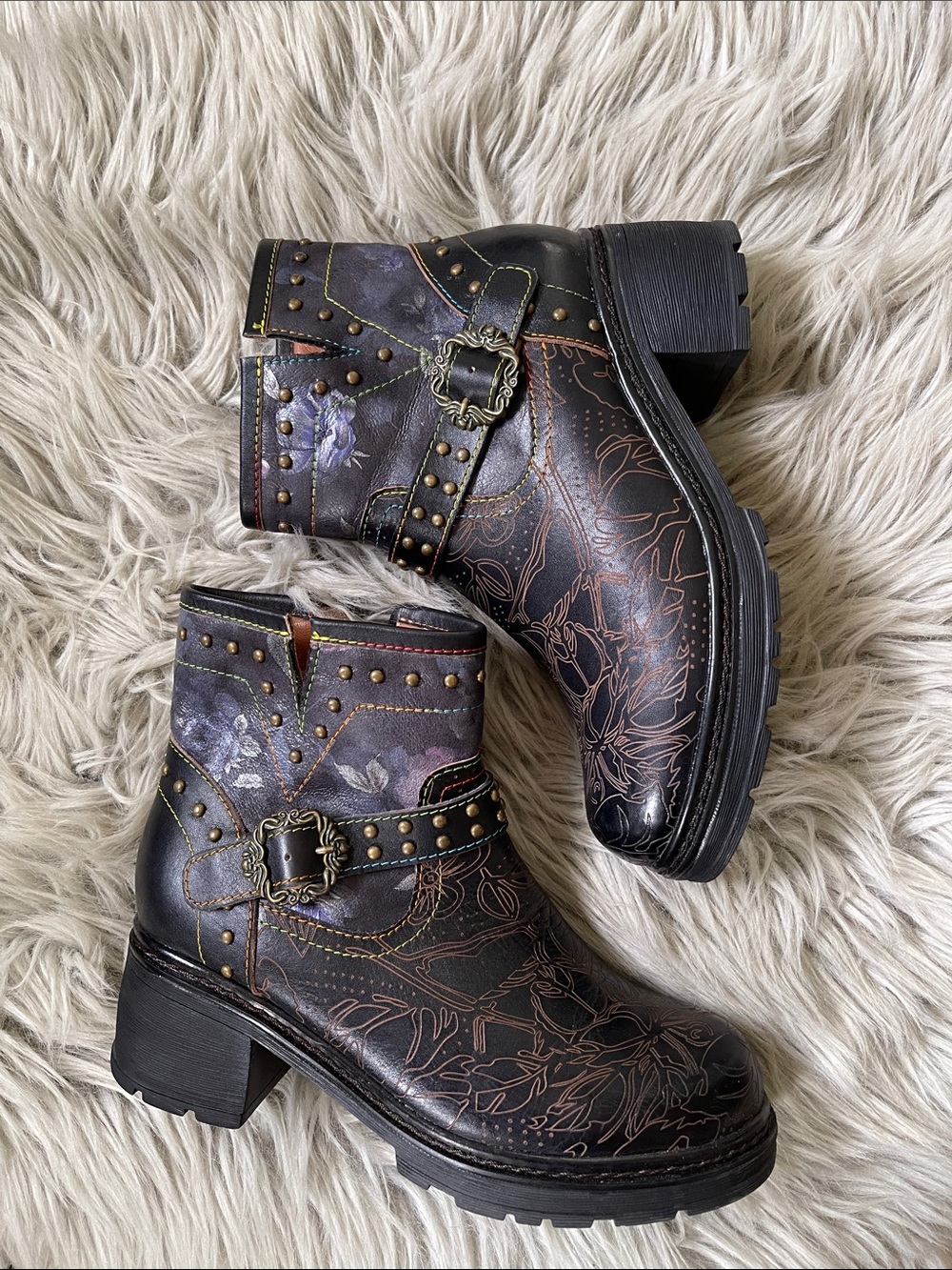 L'ATISTE Black Floral Studded Leather Ankle Booties with Buckle - Picture 2 of 8